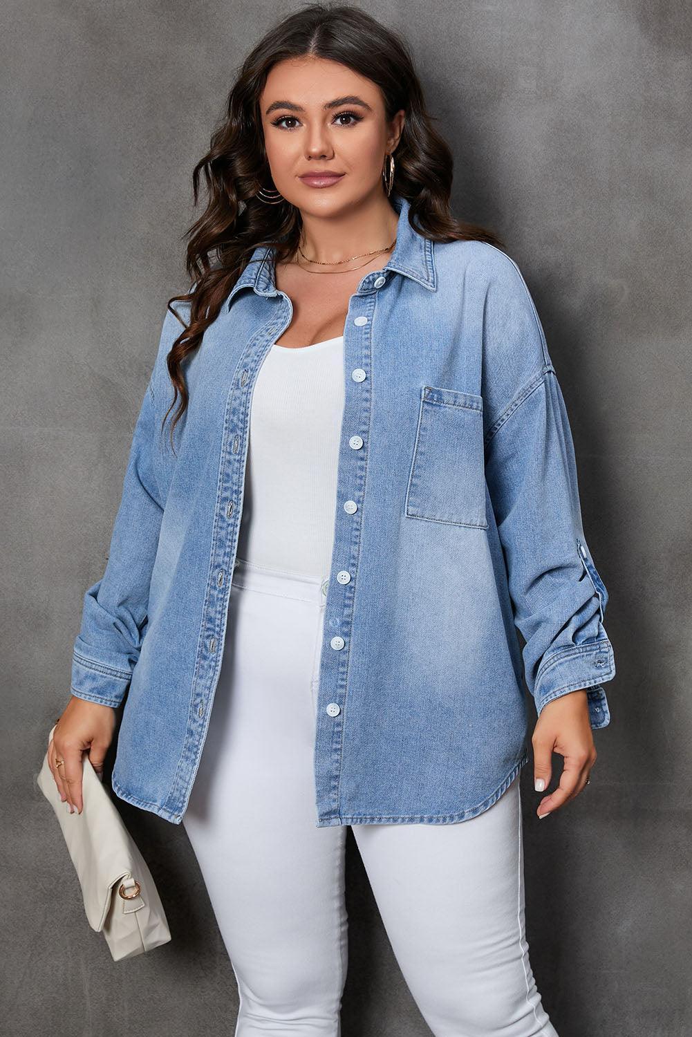 Plus Size Button Up Pocketed Denim Top - ClubOn