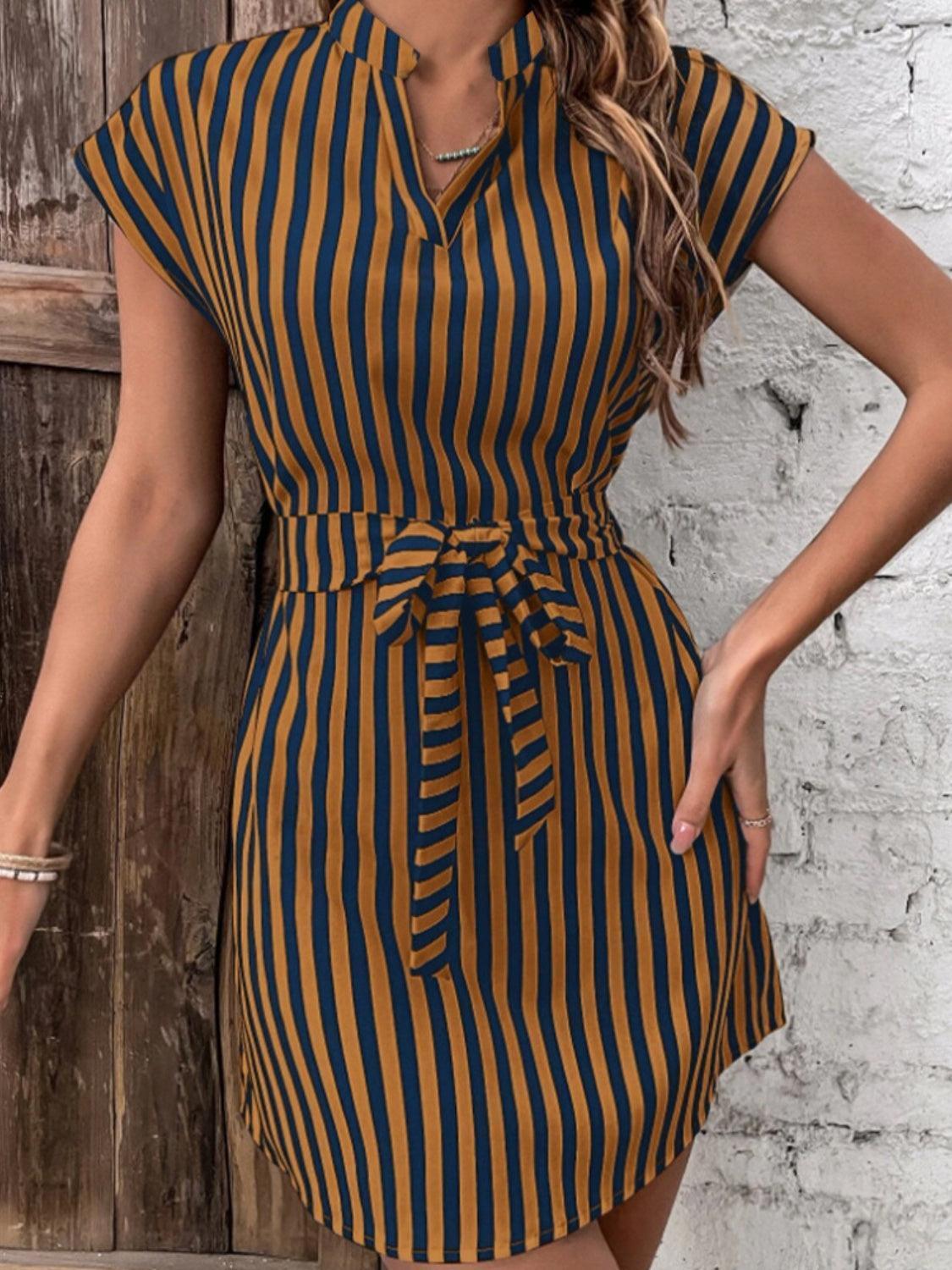 Tied Striped Cap Sleeve Mini Dress - ClubOn