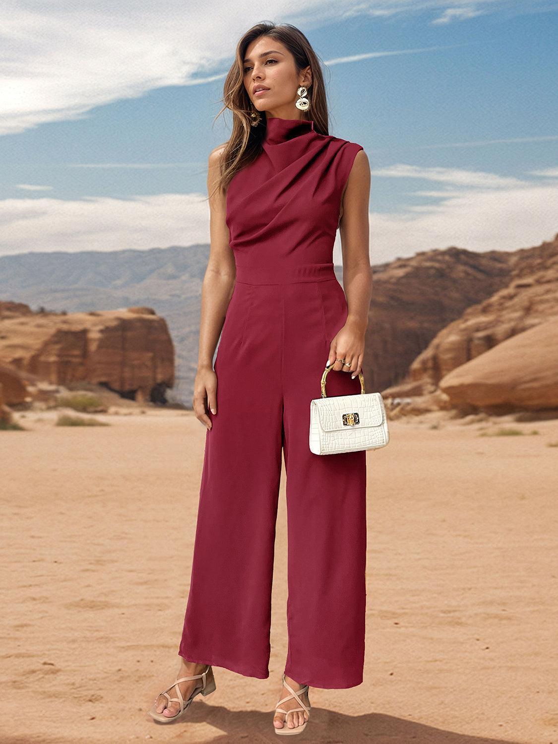 Perfee Ruched Mock Neck Sleeveless Jumpsuit - ClubOn