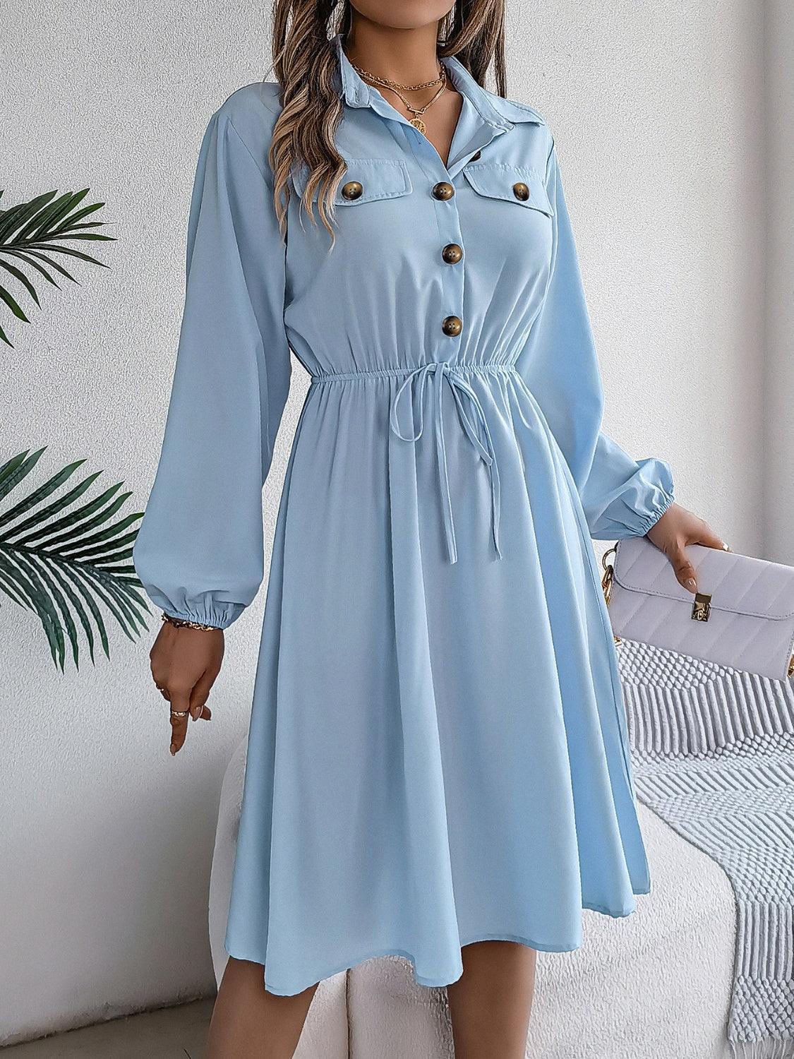 Collared Neck Long Sleeve Dress with Pockets - ClubOn