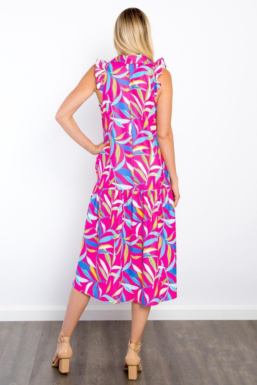 Be Stage Print Ruffled Midi Dress with Pockets - ClubOn