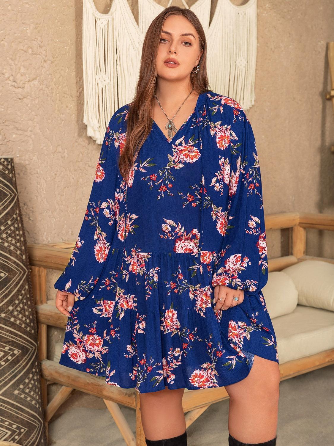 Plus Size Printed Tie Neck Balloon Sleeve Mini Dress - ClubOn