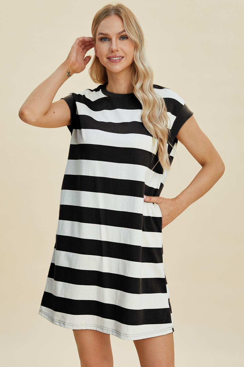 Basic Bae Full Size Striped Round Neck Cap Sleeve Mini Dress - ClubOn