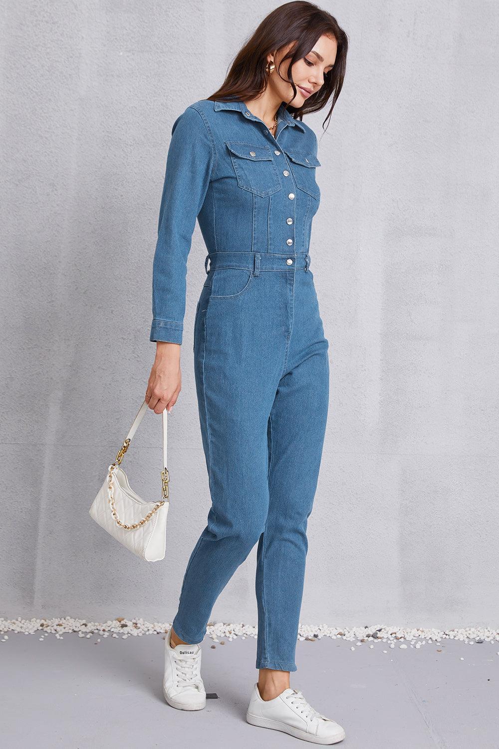 Snap Down Denim Jumpsuit with Pockets - ClubOn