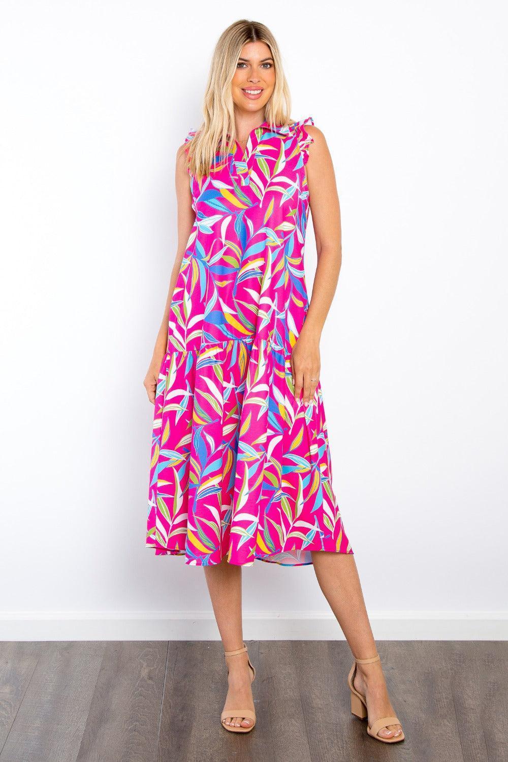 Be Stage Print Ruffled Midi Dress with Pockets - ClubOn