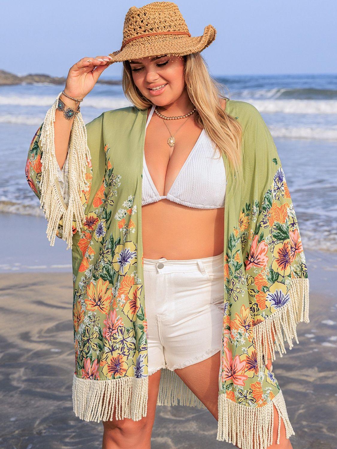 Plus Size Fringe Open Front Cover-Up - ClubOn