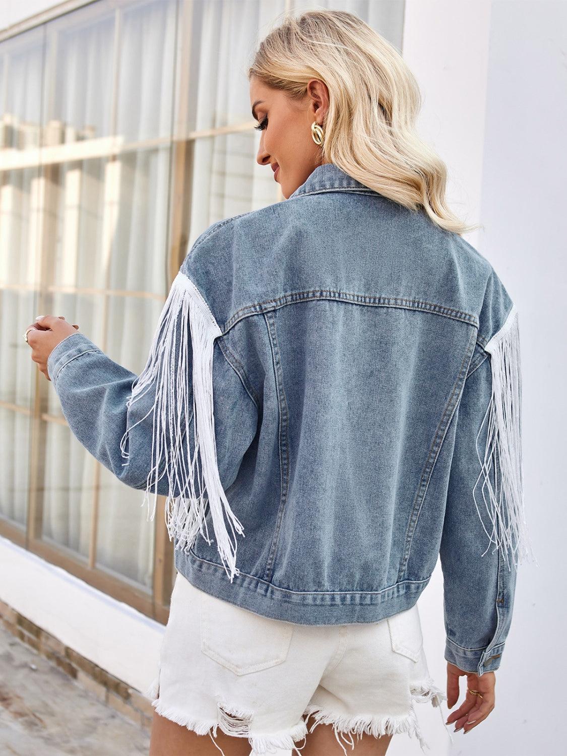 Tassel Button Up Dropped Shoulder Denim Jacket - ClubOn