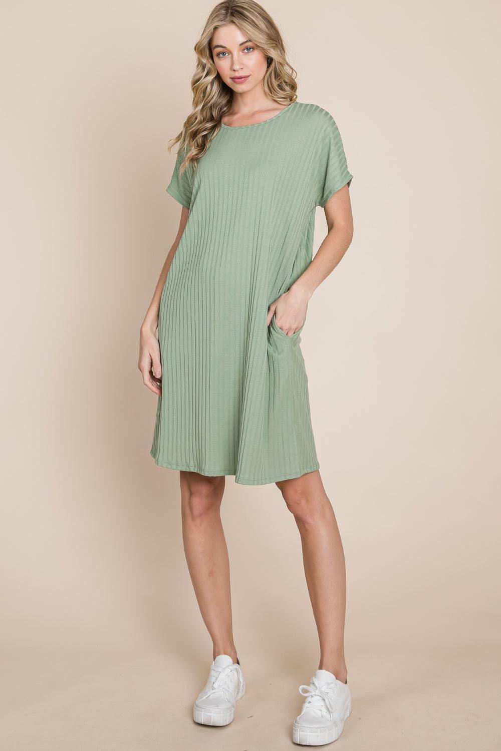 BOMBOM Ribbed Round Neck Short Sleeve Dress - ClubOn