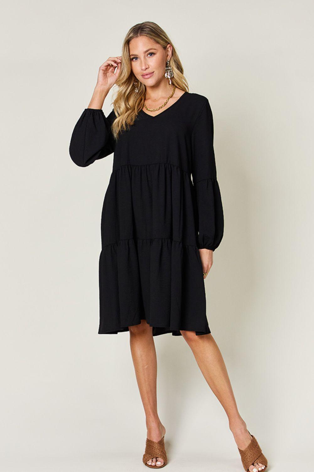 Double Take Full Size V-Neck Balloon Sleeve Tiered Dress with Pockets - ClubOn