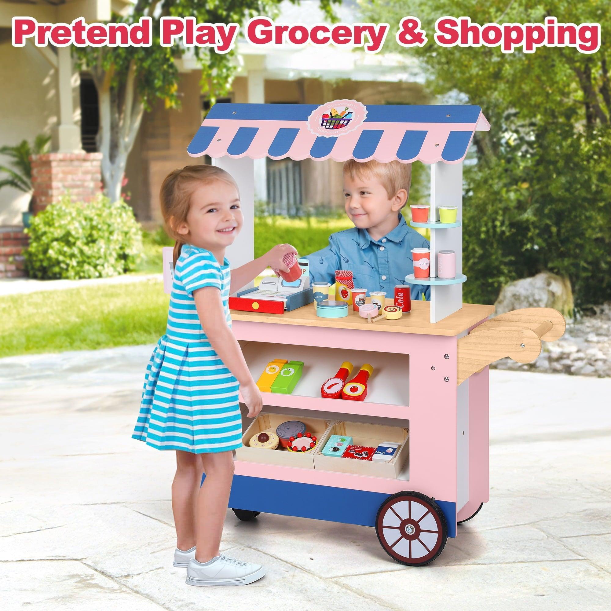 Wisairt Kids Grocery Store Play Set – Pretend Play Wooden Supermarket Shopping Toy with Cash Register, Food & Drink – Pink & Blue - ClubOn