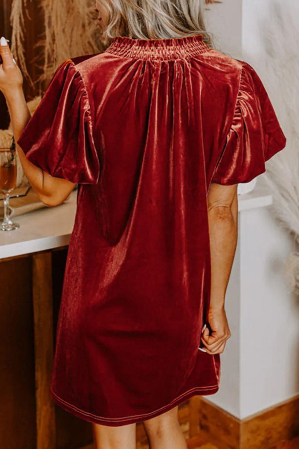 Velvet Tie Neck Short Sleeve Mini Dress - ClubOn