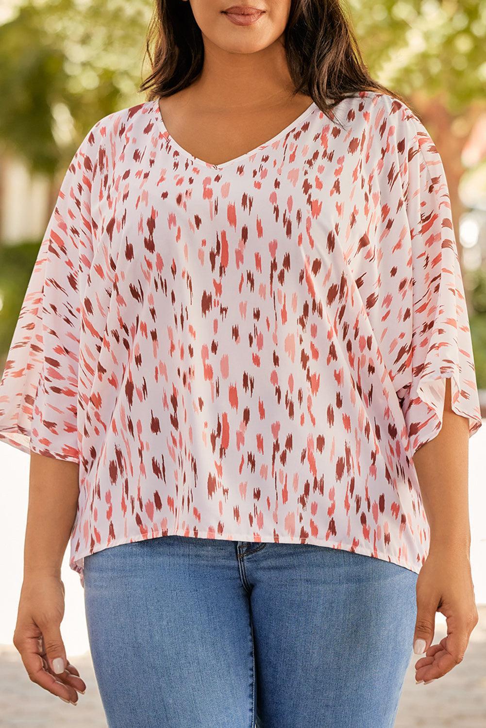 Plus Size Printed V-Neck Blouse - ClubOn