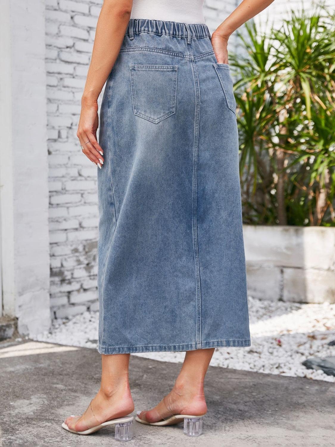 Slit Midi Denim Skirt with Pockets - ClubOn