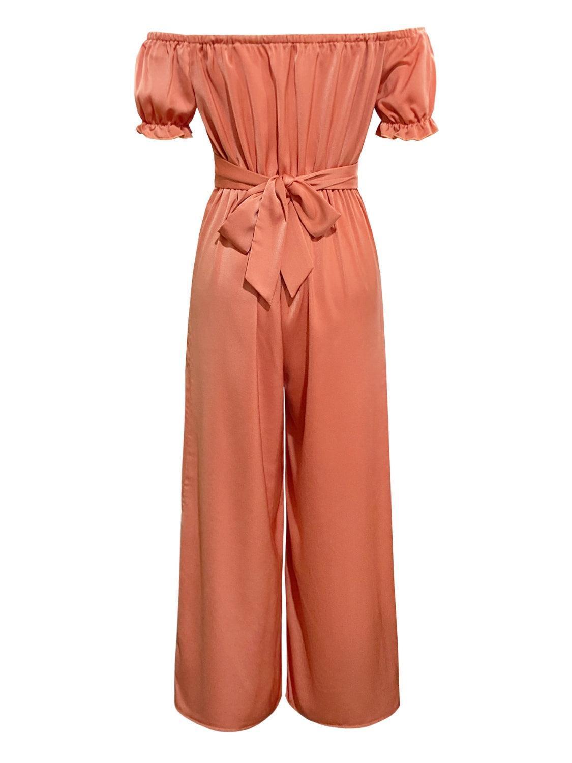 Off-Shoulder Short Sleeve Wide Leg Jumpsuit - ClubOn