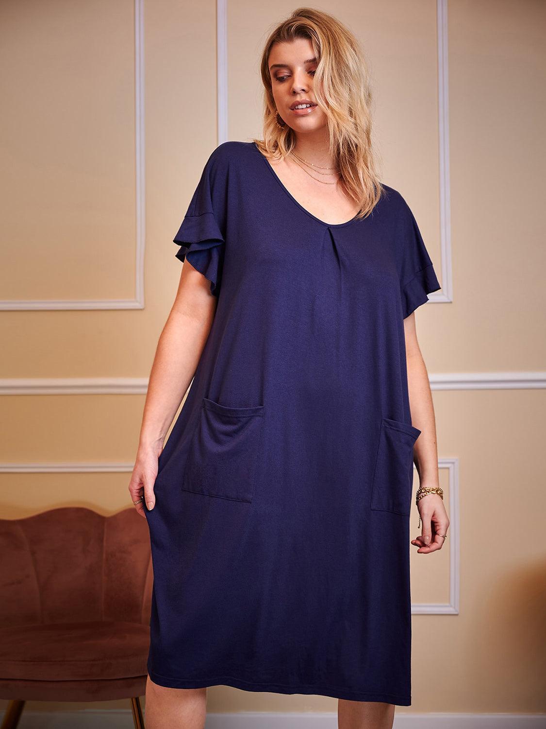 Plus Size Round Neck Short Sleeve Lounge Dress - ClubOn