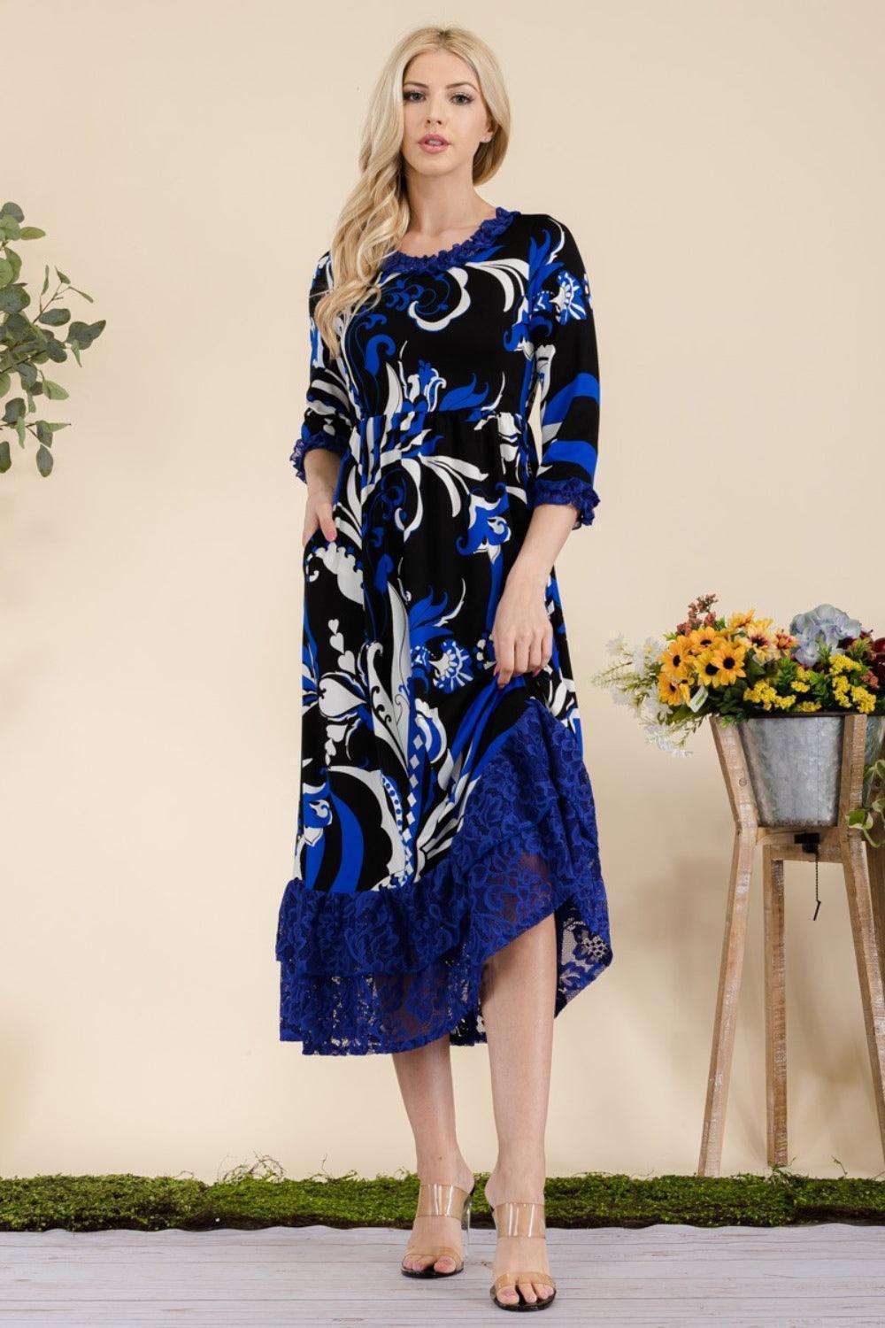 Celeste Full Size Paisley Print Lace Ruffled Midi Dress - ClubOn