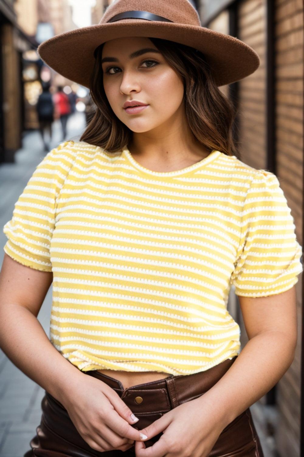 Plus Size Striped Round Neck T-Shirt - ClubOn