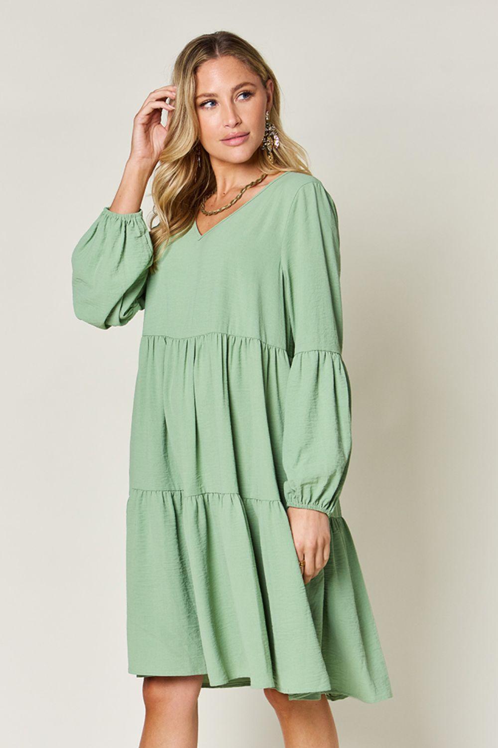 Double Take Full Size V-Neck Balloon Sleeve Tiered Dress with Pockets - ClubOn