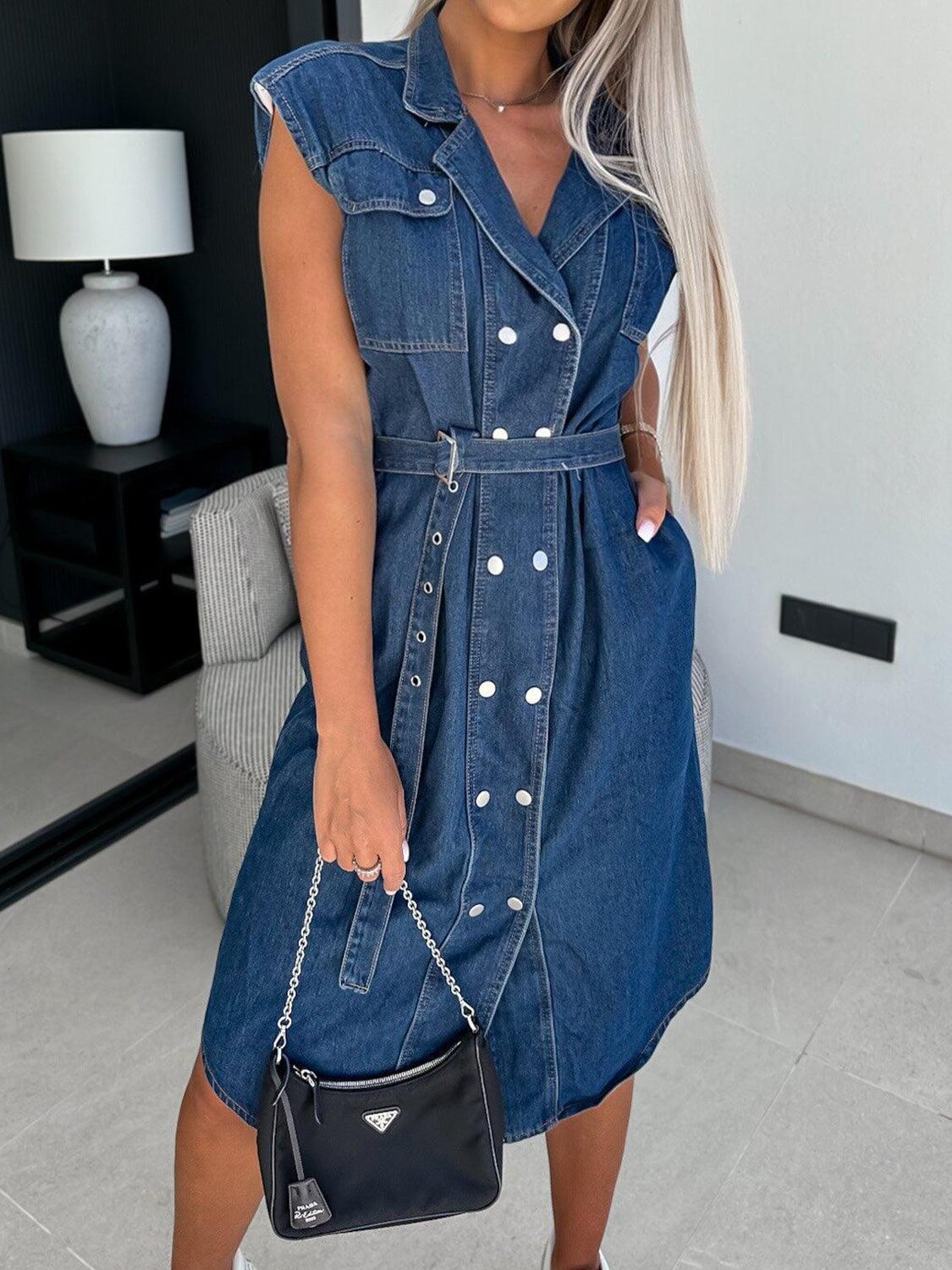 Collared Neck Cap Sleeve Denim Dress - ClubOn