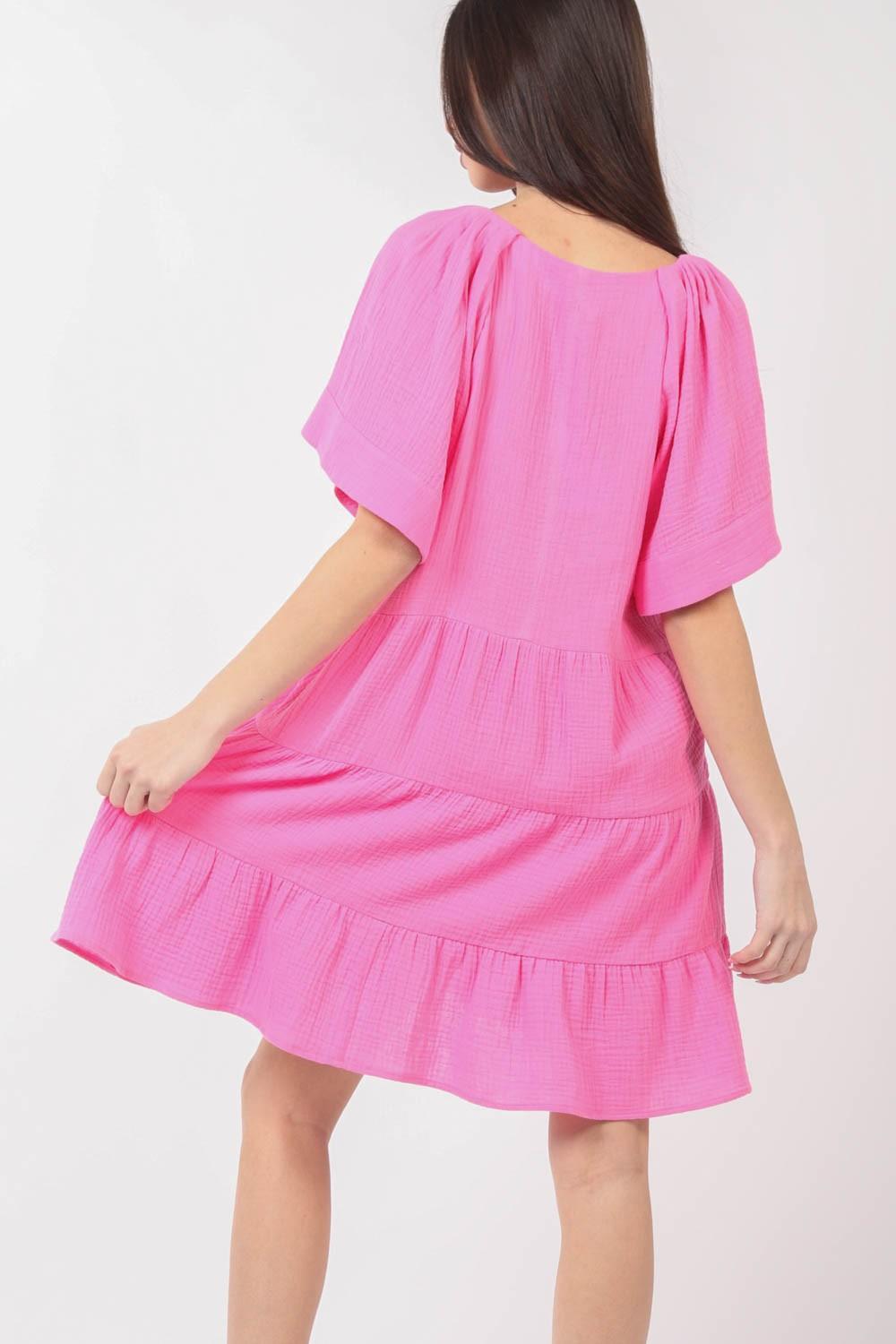 VERY J Texture V-Neck Ruffled Tiered Dress - ClubOn