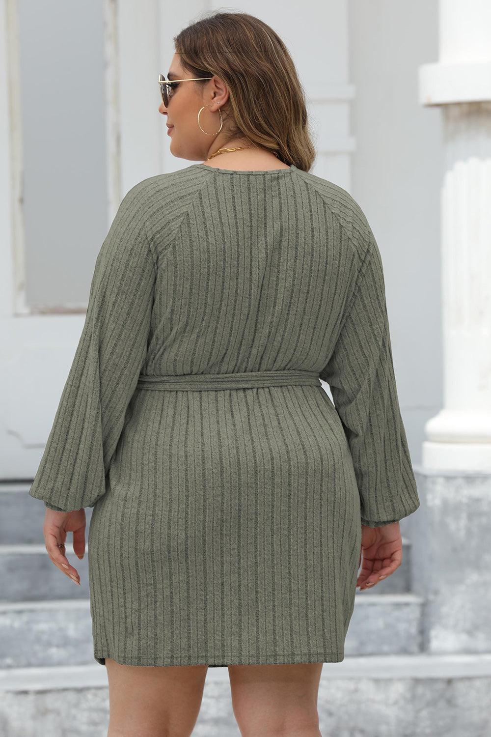 Plus Size Ribbed Tie Front Long Sleeve Sweater Dress - ClubOn