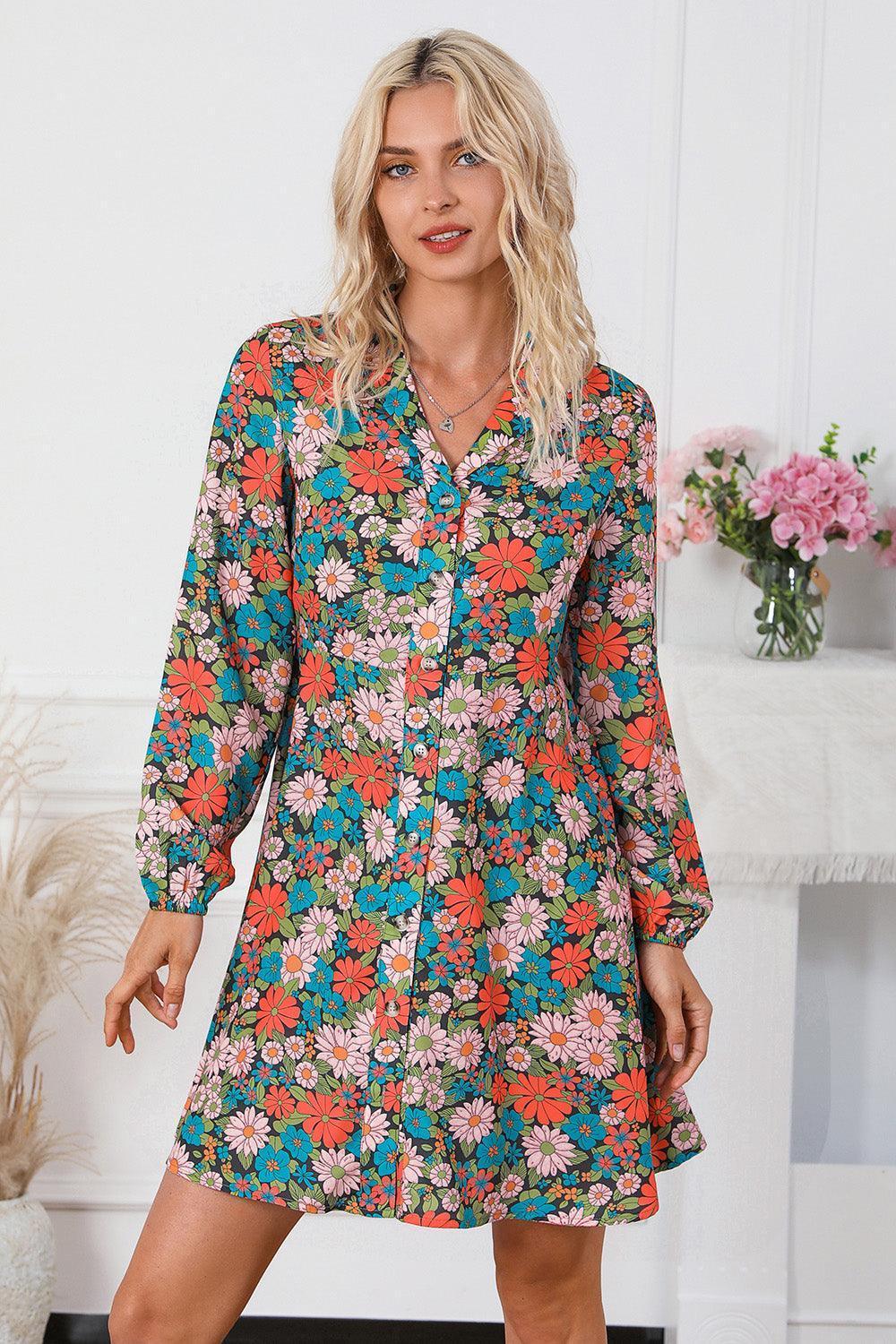 Floral Button Front Collared Neck Shirt Dress - ClubOn