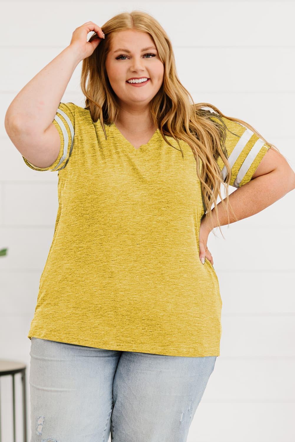 Plus Size Striped V-Neck Tee Shirt - ClubOn