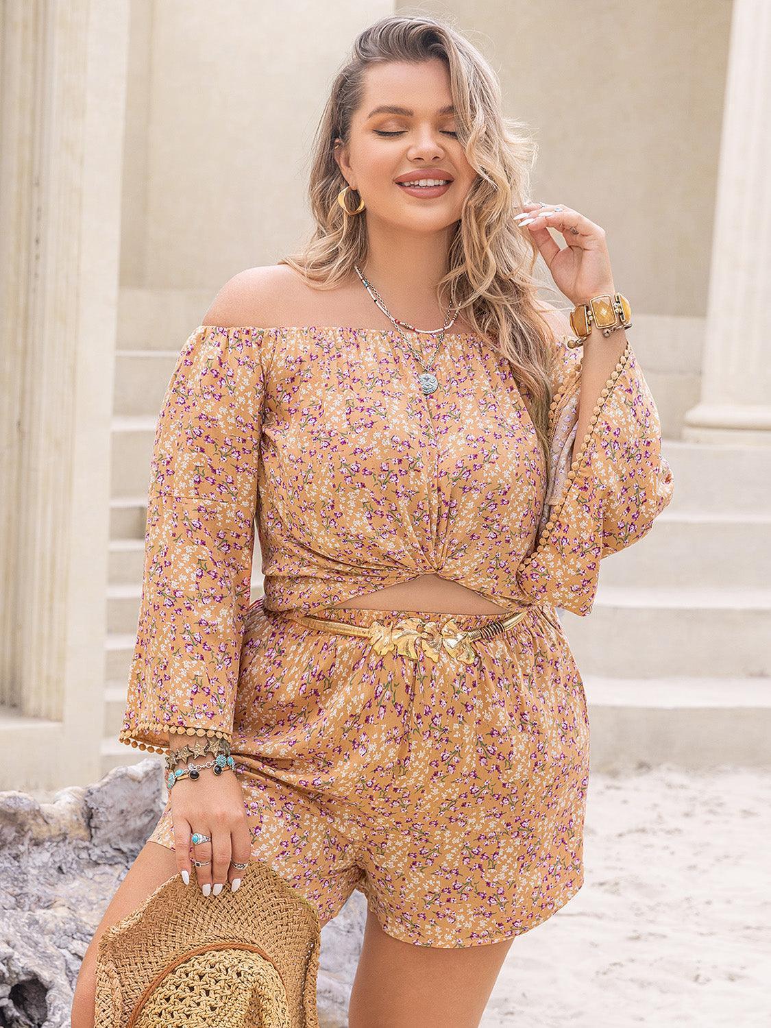 Plus Size Printed Off-Shoulder Top and Shorts Set - ClubOn