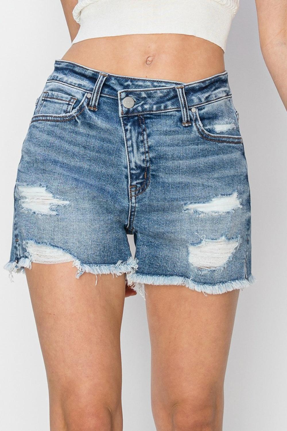 RISEN Stepped Waist Frayed Denim Shorts - ClubOn