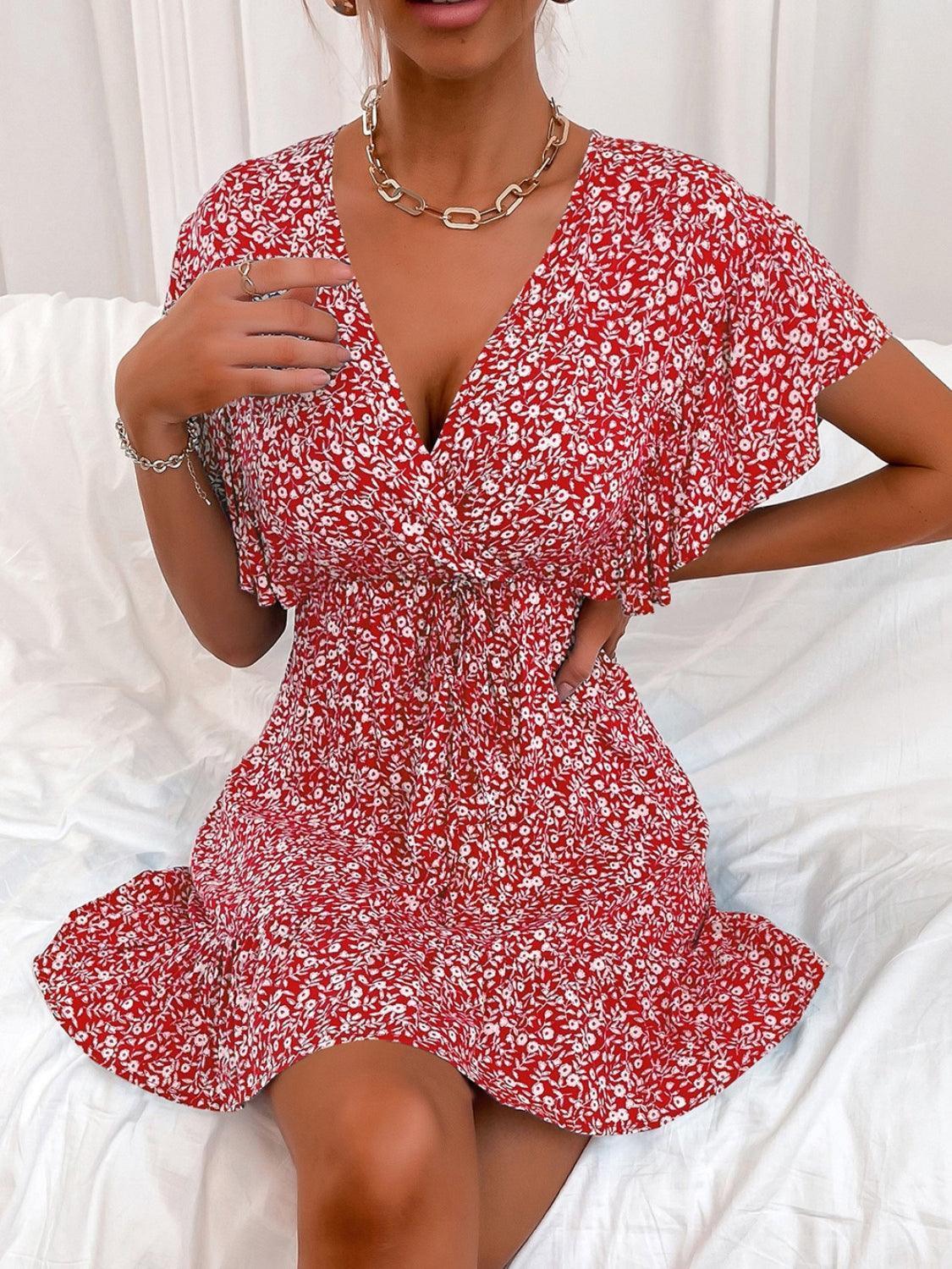 Cutout Ditsy Floral Surplice Flounce Sleeve Dress - ClubOn