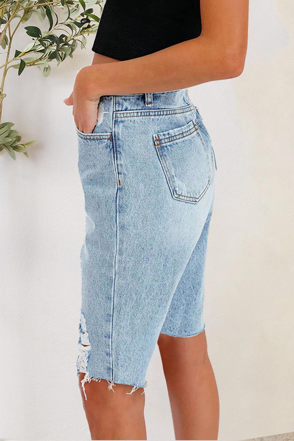 Distressed Pocketed Denim Shorts - ClubOn