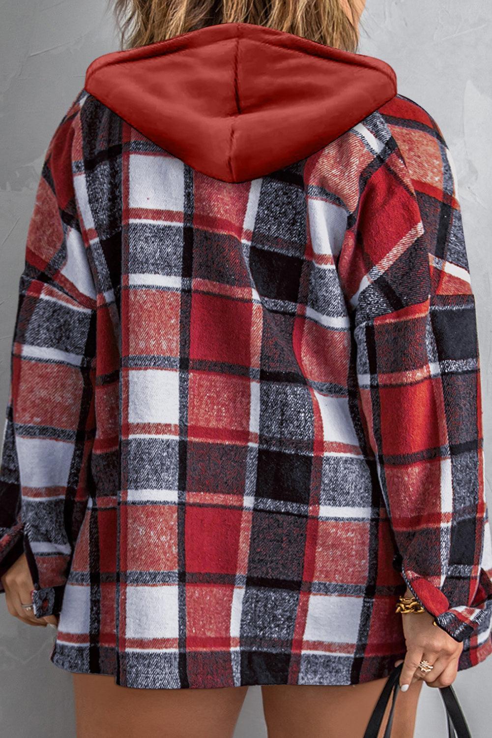Plus Size Plaid Button Up Hooded Jacket - ClubOn
