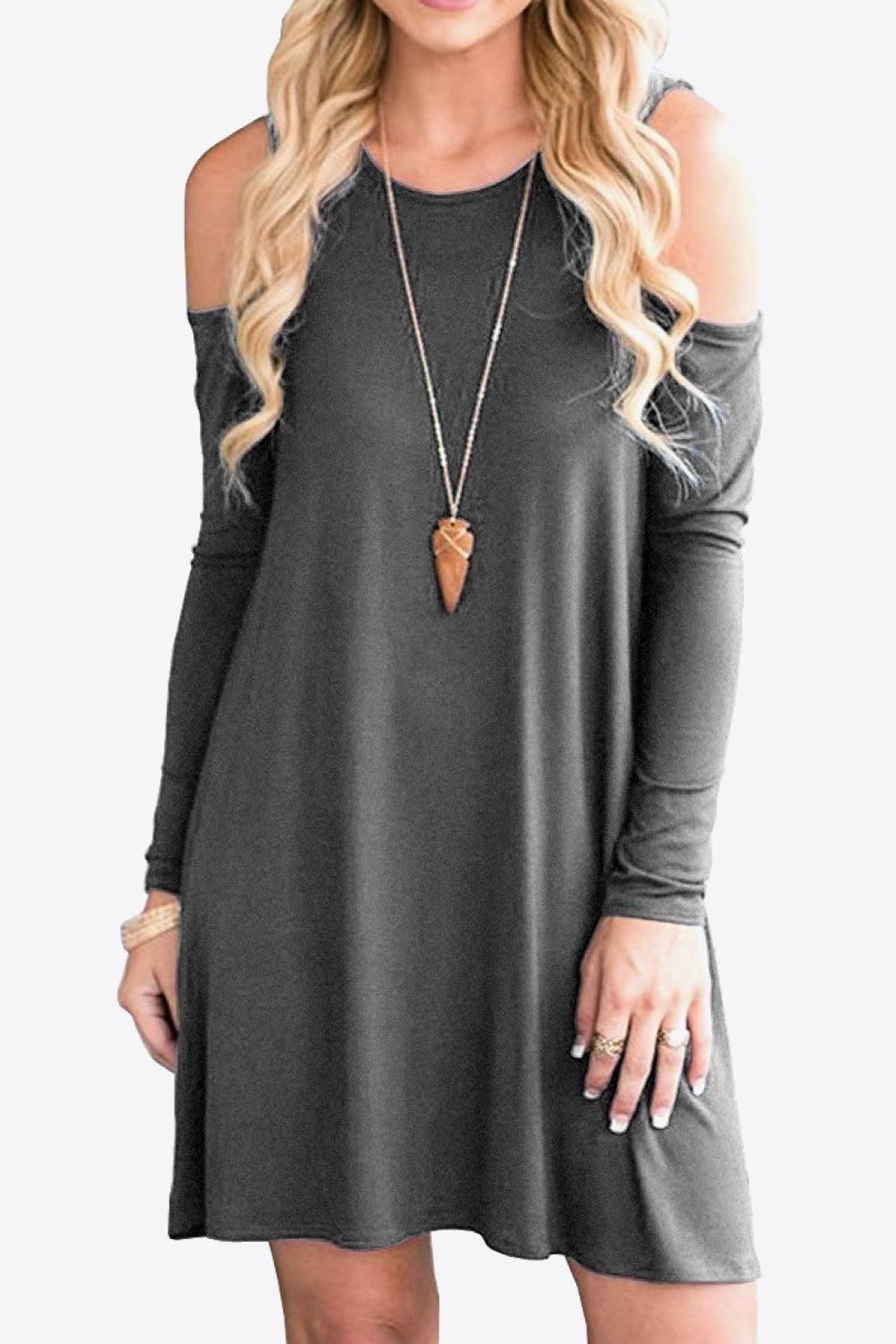 Cold-Shoulder Long Sleeve Round Neck Dress - ClubOn