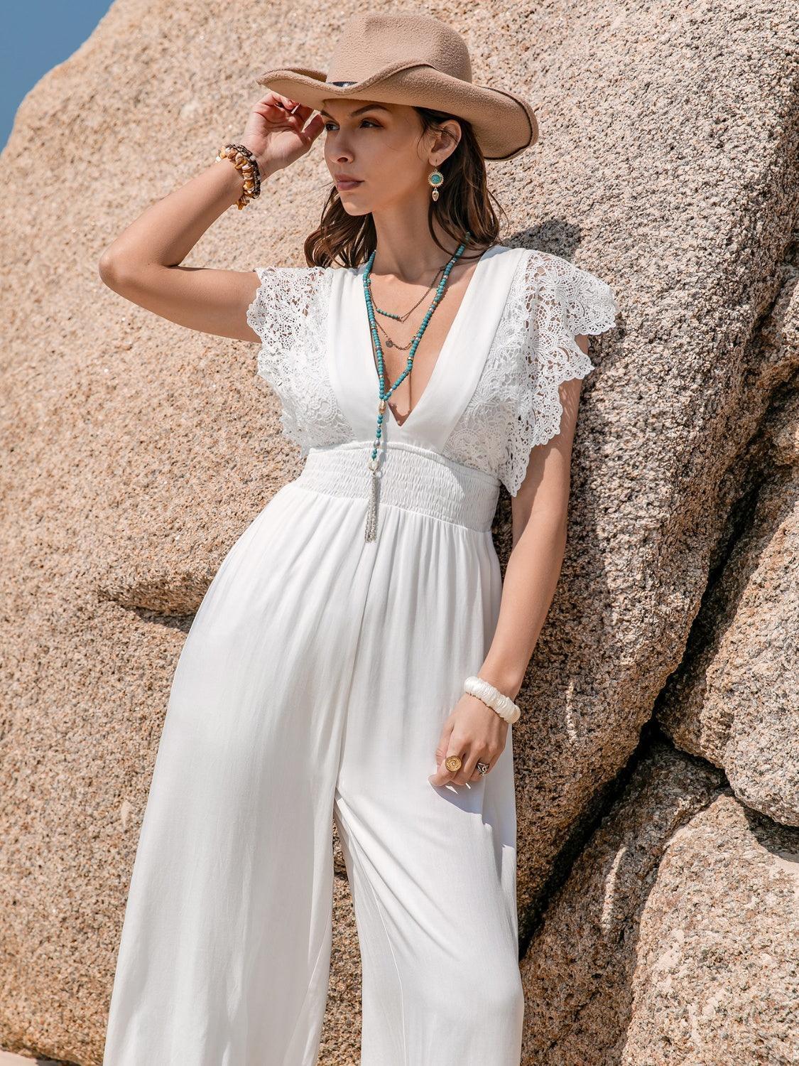Lace Detail Plunge Cap Sleeve Jumpsuit - ClubOn