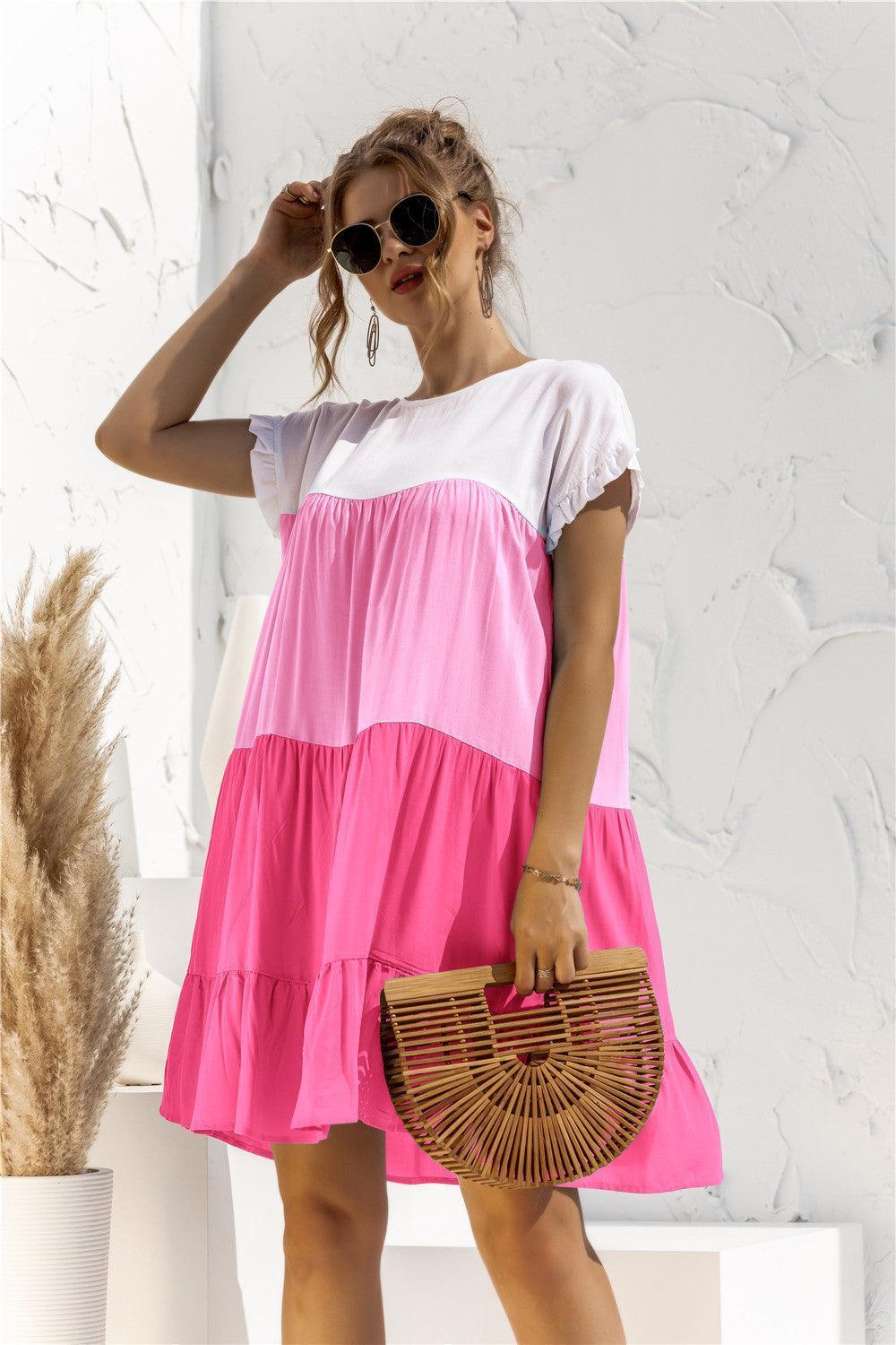 Color Block Round Neck Ruffle Hem Dress - ClubOn