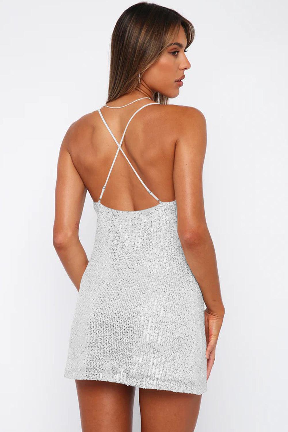 Cowl Neck Contrast Sequin Sleeveless Mini Dress - ClubOn