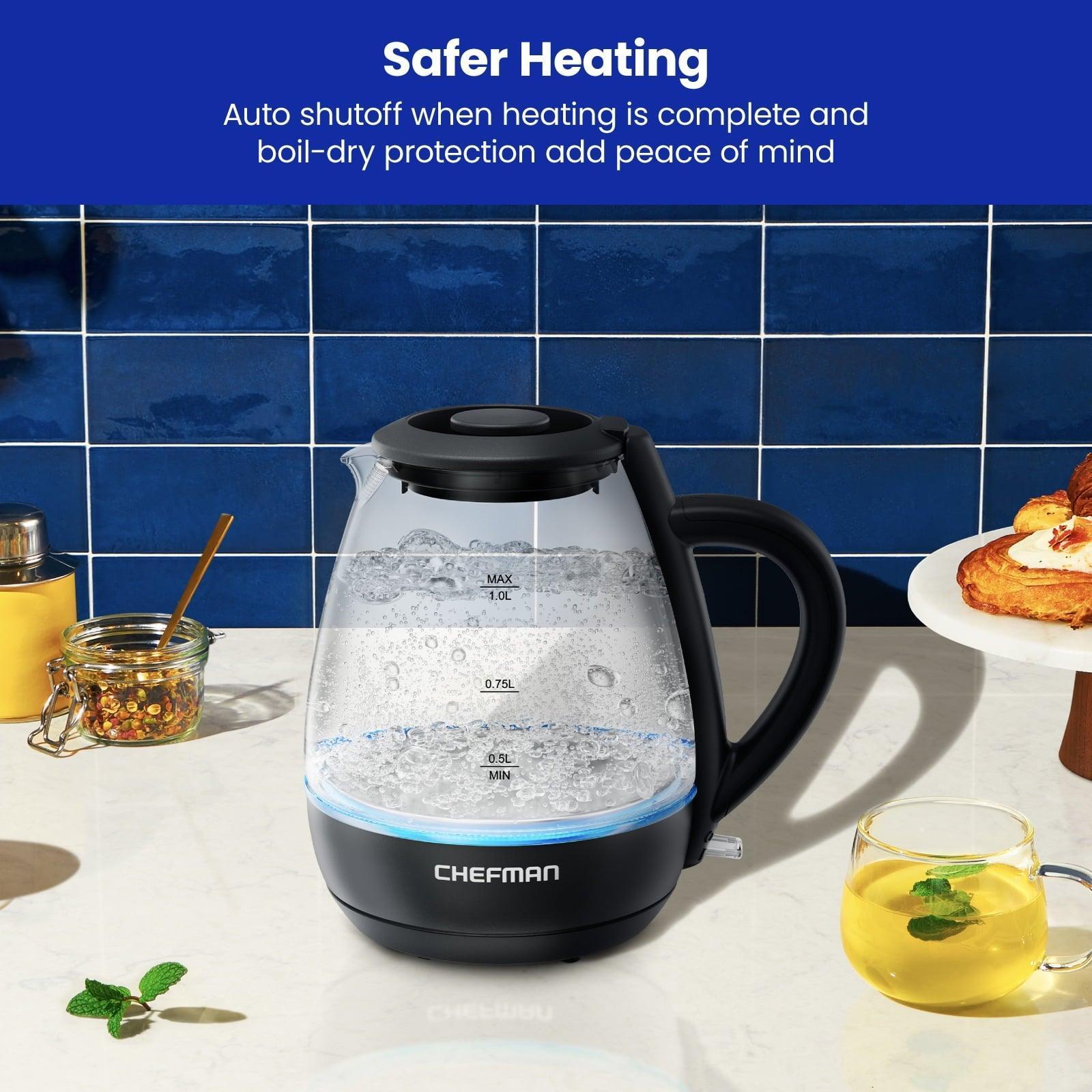 Chefman 1L Electric Glass Kettle w/ LED Indicator Light – Black, Automatic Shutoff - ClubOn