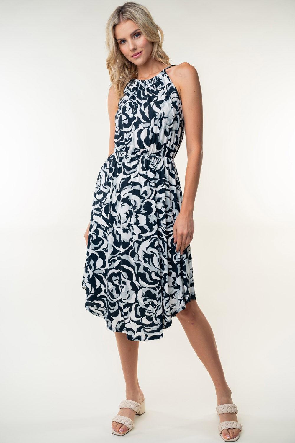 White Birch Tied Ruched Floral Sleeveless Knee Length Dress - ClubOn