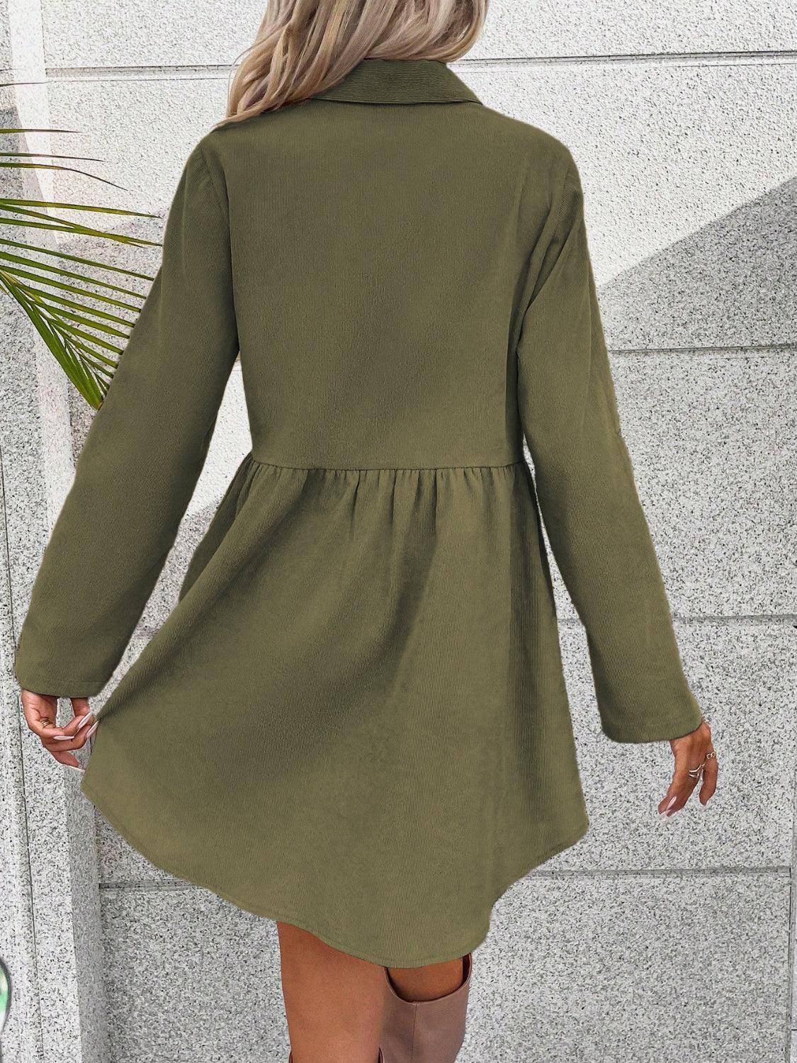 Button Up Collared Neck Long Sleeve Dress - ClubOn