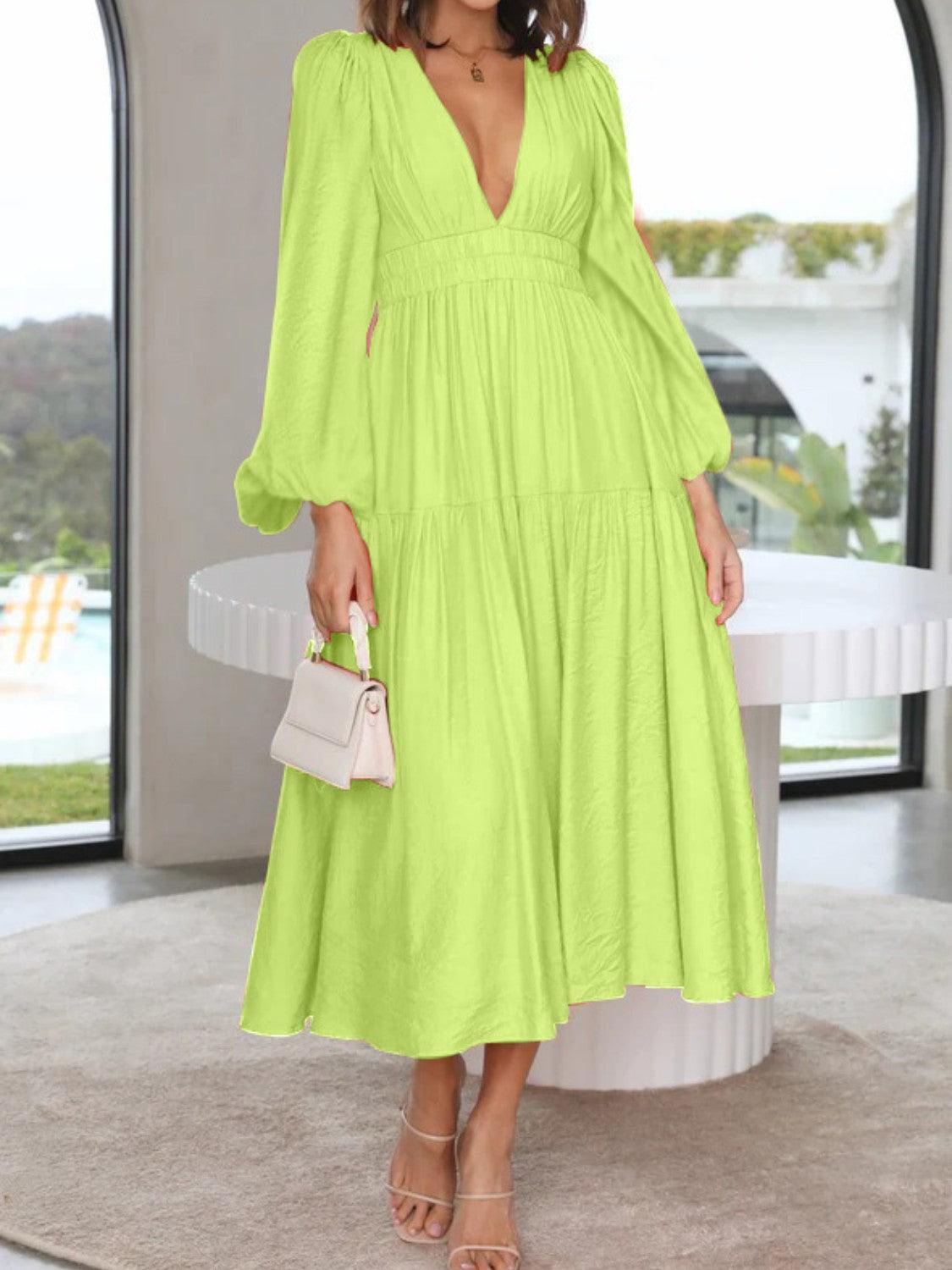 Deep V-Neck Balloon Sleeve Plain Maxi Dress - ClubOn