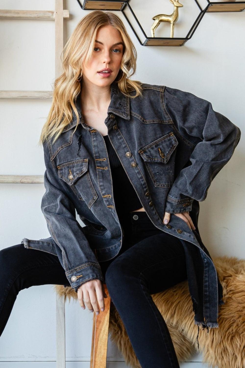 Veveret Button Up Distressed Frayed Hem Denim Jacket - ClubOn