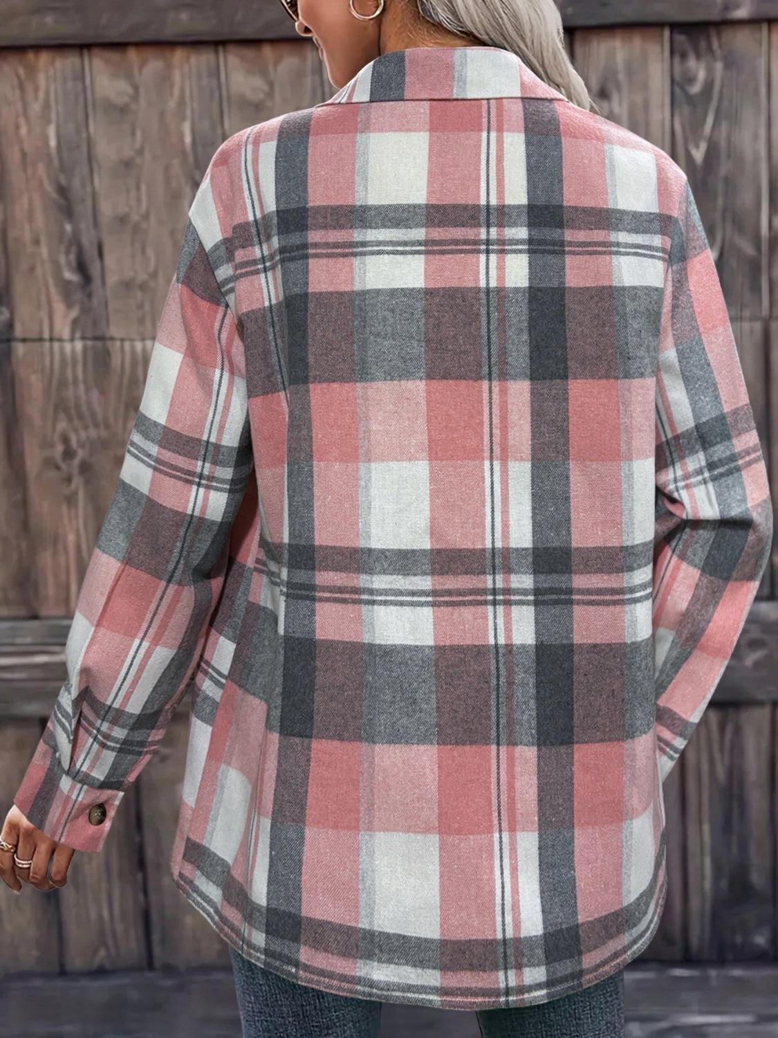 Pocketed Plaid Collared Neck Shacket - ClubOn