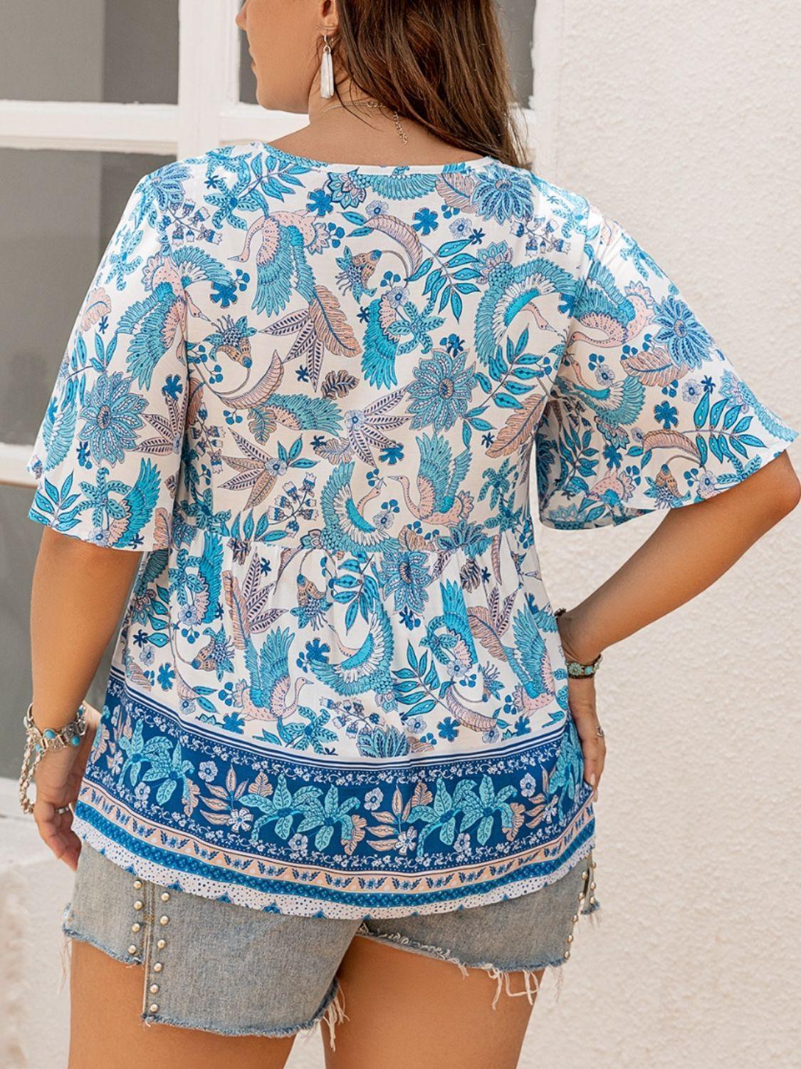 Plus Size Printed V-Neck Half Sleeve Blouse - ClubOn