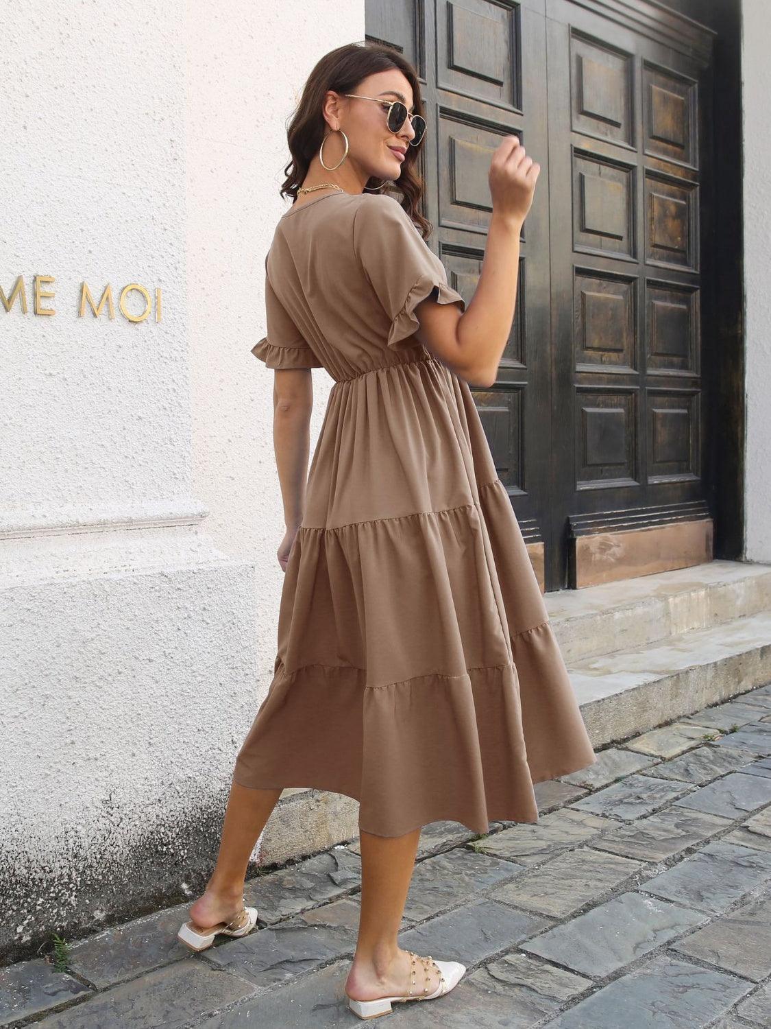 V-Neck Short Sleeve Midi Dress - ClubOn
