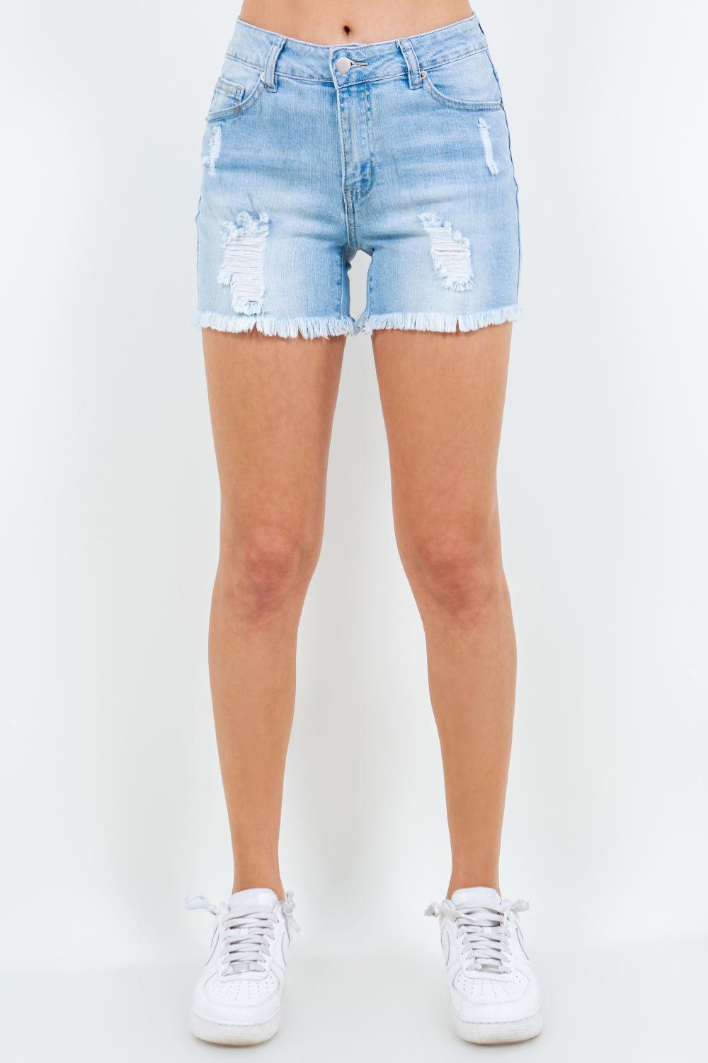 American Bazi High Waist Distressed Frayed Denim Shorts - ClubOn