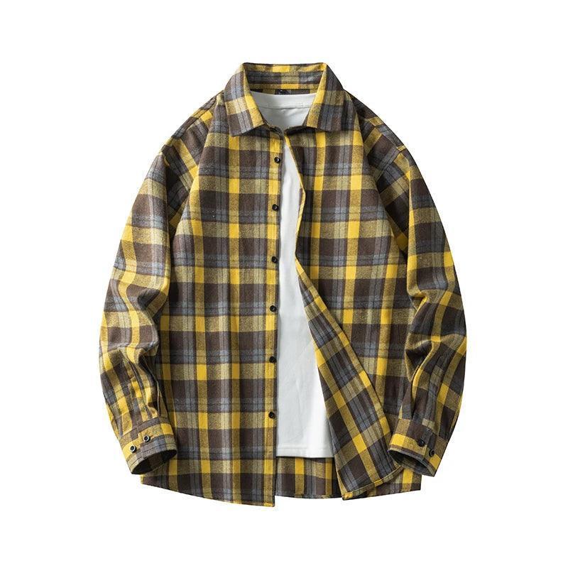 Men's Oversized Plaid Flannel Shirt - Casual Drop-Shoulder Long Sleeve - ClubOn