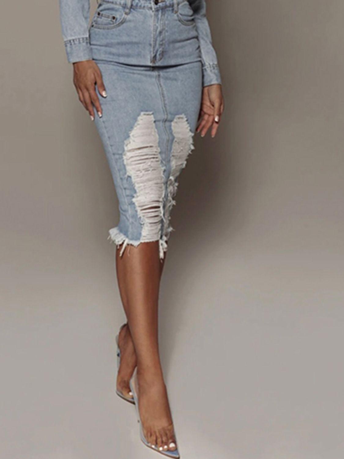 Distressed Slit Denim Skirt - ClubOn