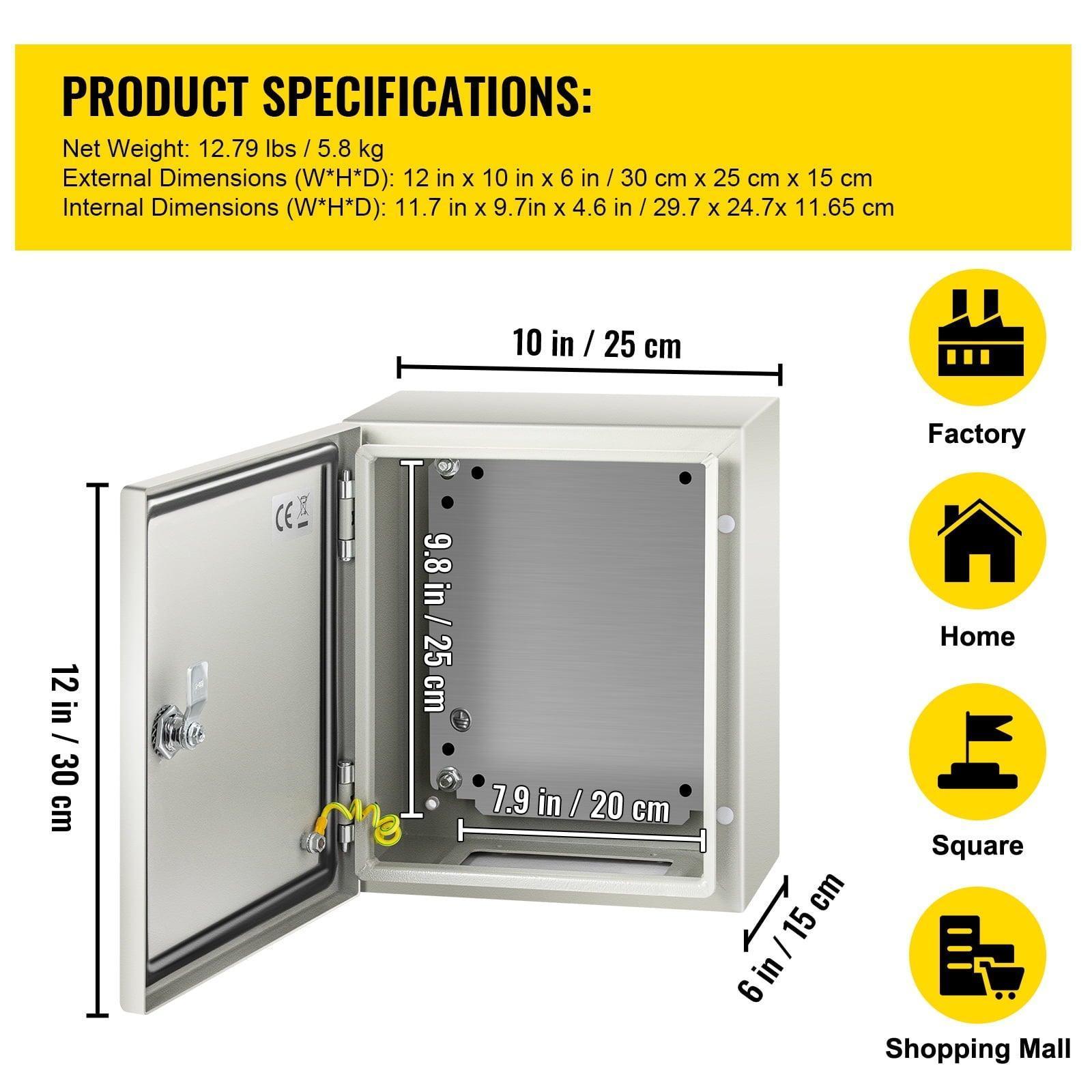 SKYSHALO Steel Electrical Box 12” x 10” x 6” – IP65 Weatherproof Hinged Junction Box with Mounting Plate (Carbon Steel) - ClubOn