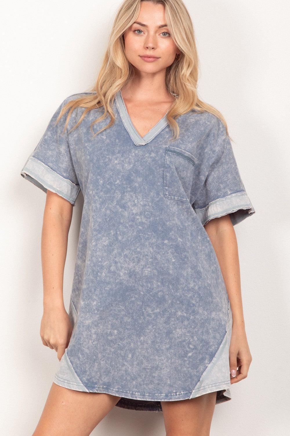 VERY J Short Sleeve V-Neck Tee Dress - ClubOn