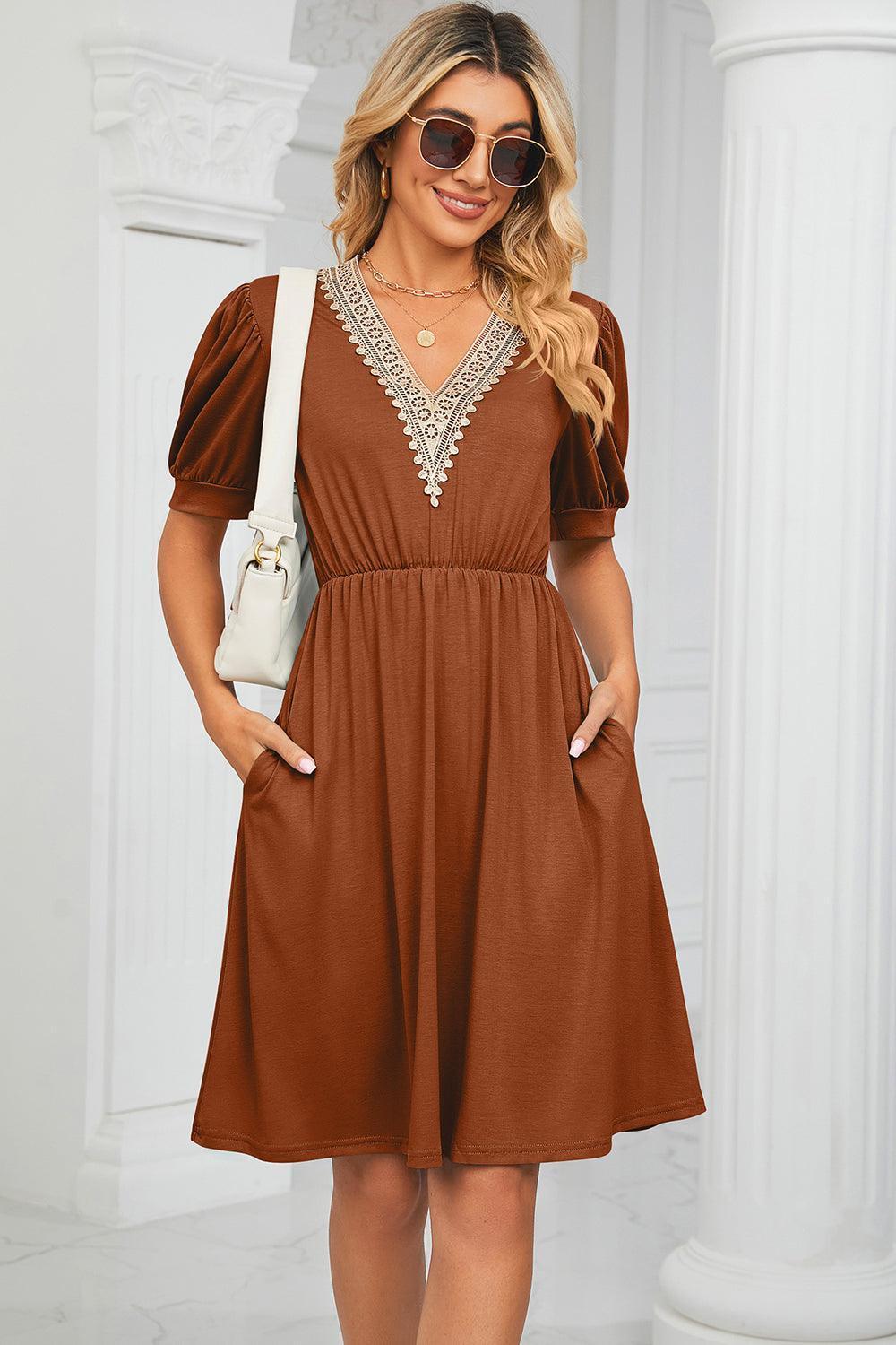V-Neck Puff Sleeve Dress - ClubOn